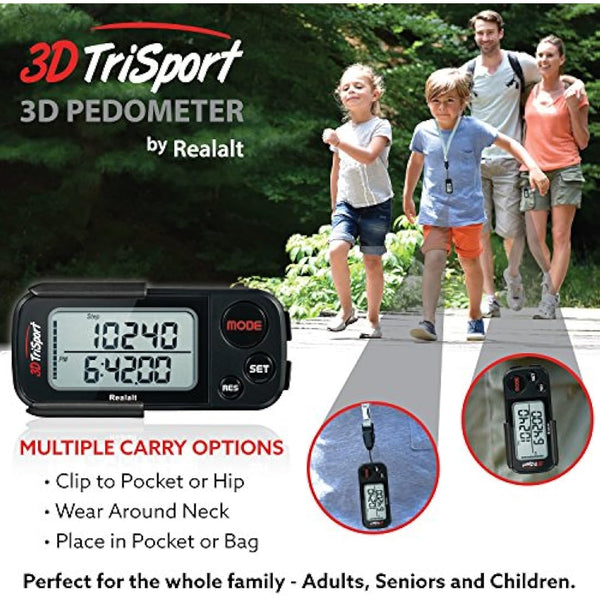 3DTriSport Walking 3D Pedometer with Clip & Strap, eBook Included | 30 Days Memory, Accurate Step Counter, Walking Distance Miles/Km, Calorie Counter, Daily Exercise Time Monitor