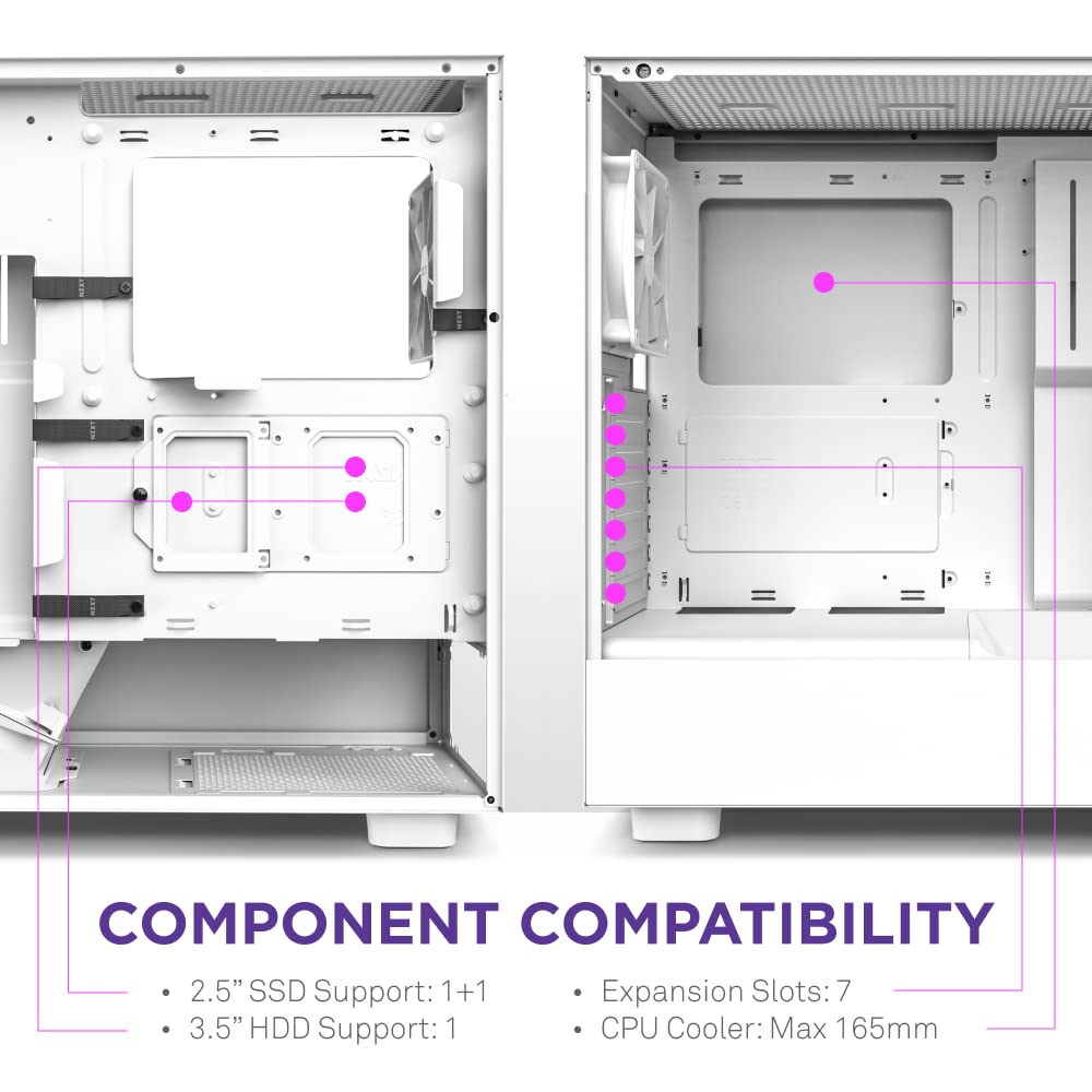 NZXT H5 Flow RGB - Compact ATX Mid-Tower PC Gaming Case - High Airflow - F360 RGB Core (CV) Included - 360mm Front & 240mm Top Radiator Support - Cable Management - Tempered Glass - White