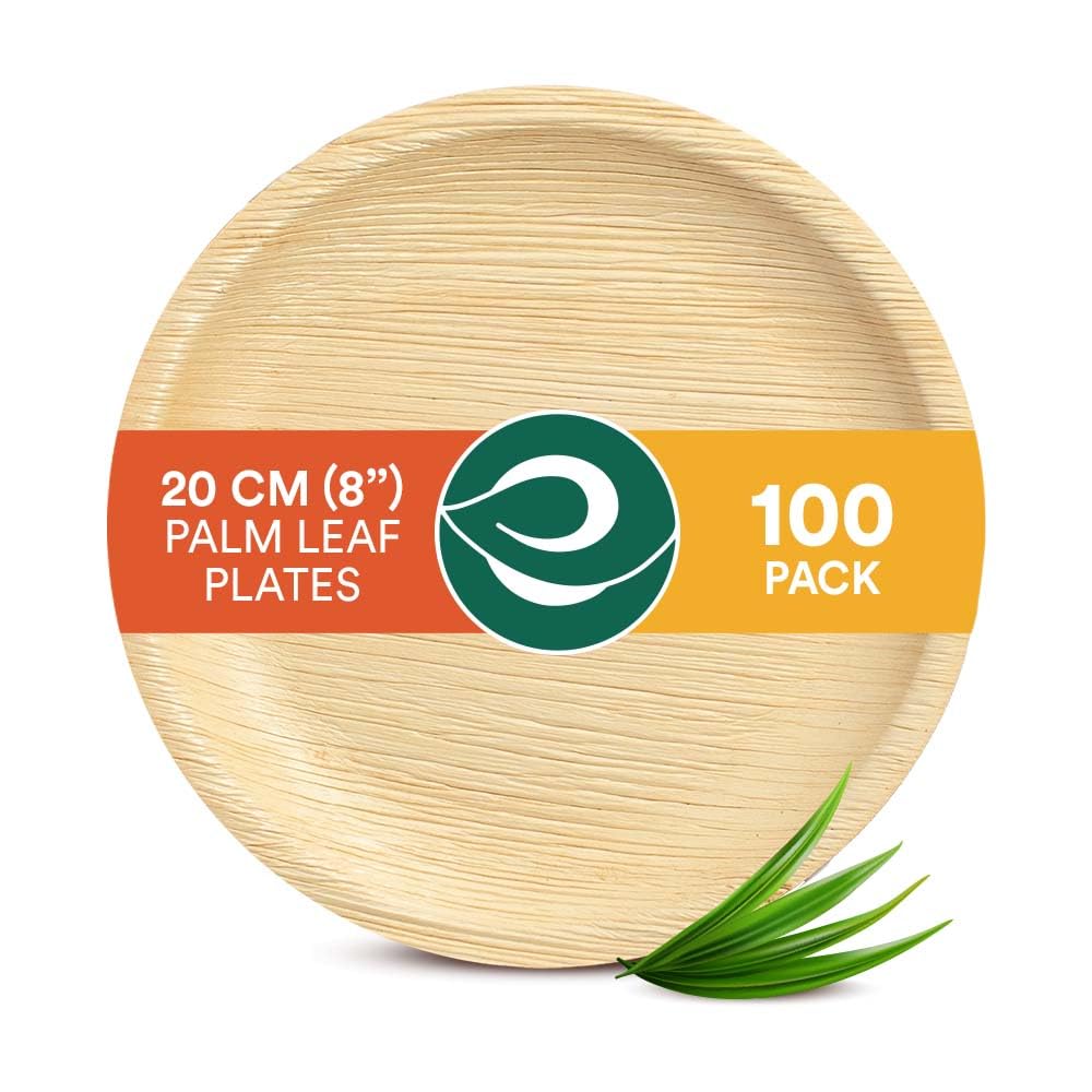 ECO SOUL 100 Disposable Palm Leaf Plates 8(20cm) Round Bamboo Plate I Eco Friendly, Biodegradable, Compostable Heavy-Duty Plate, Wooden Plates for