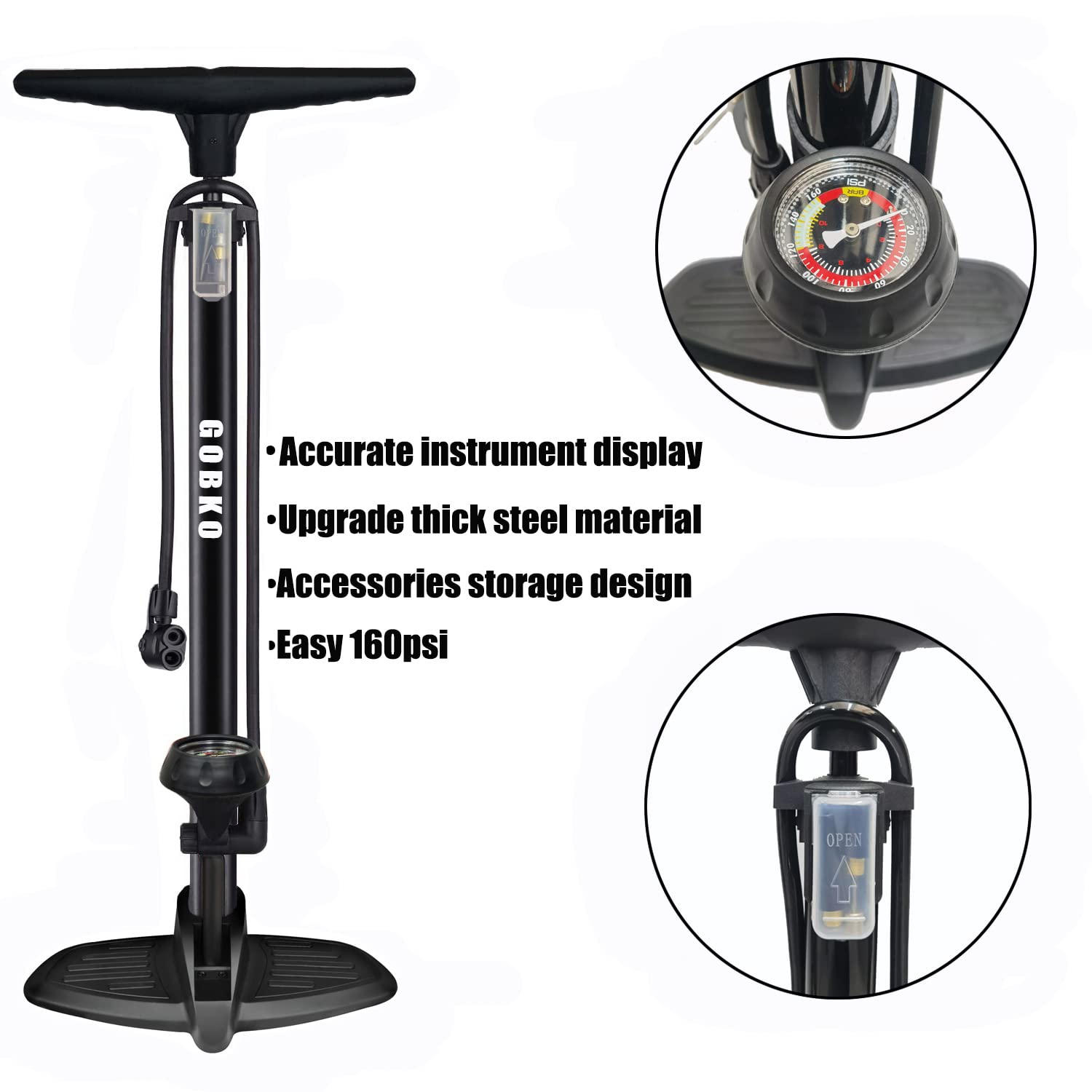 GOBKO Bike Pump Bicycle Floor Pump with Gauge, Bicycle Pumps with Presta and Schrader tire Pump multifunctional Air Pump for Road Bike MTB Sports Balls Pump High Pressure 160Psi &11Bar
