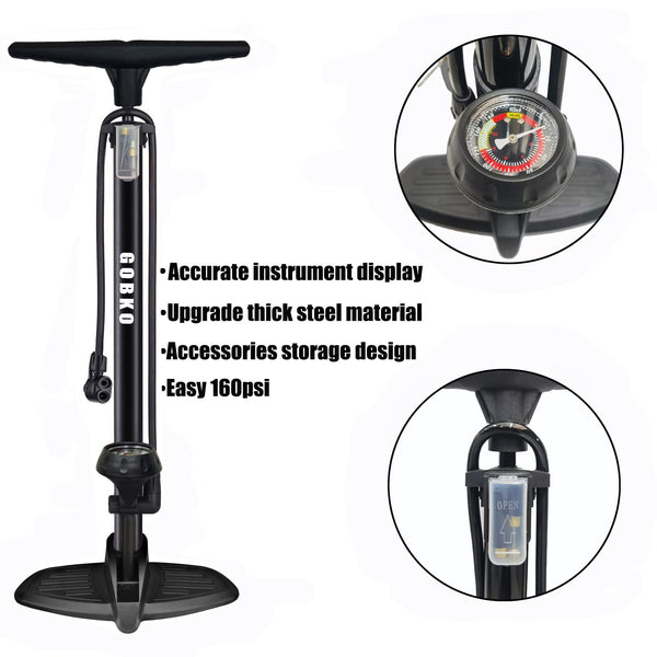 GOBKO Bike Pump Bicycle Floor Pump with Gauge, Bicycle Pumps with Presta and Schrader tire Pump multifunctional Air Pump for Road Bike MTB Sports Balls Pump High Pressure 160Psi &11Bar