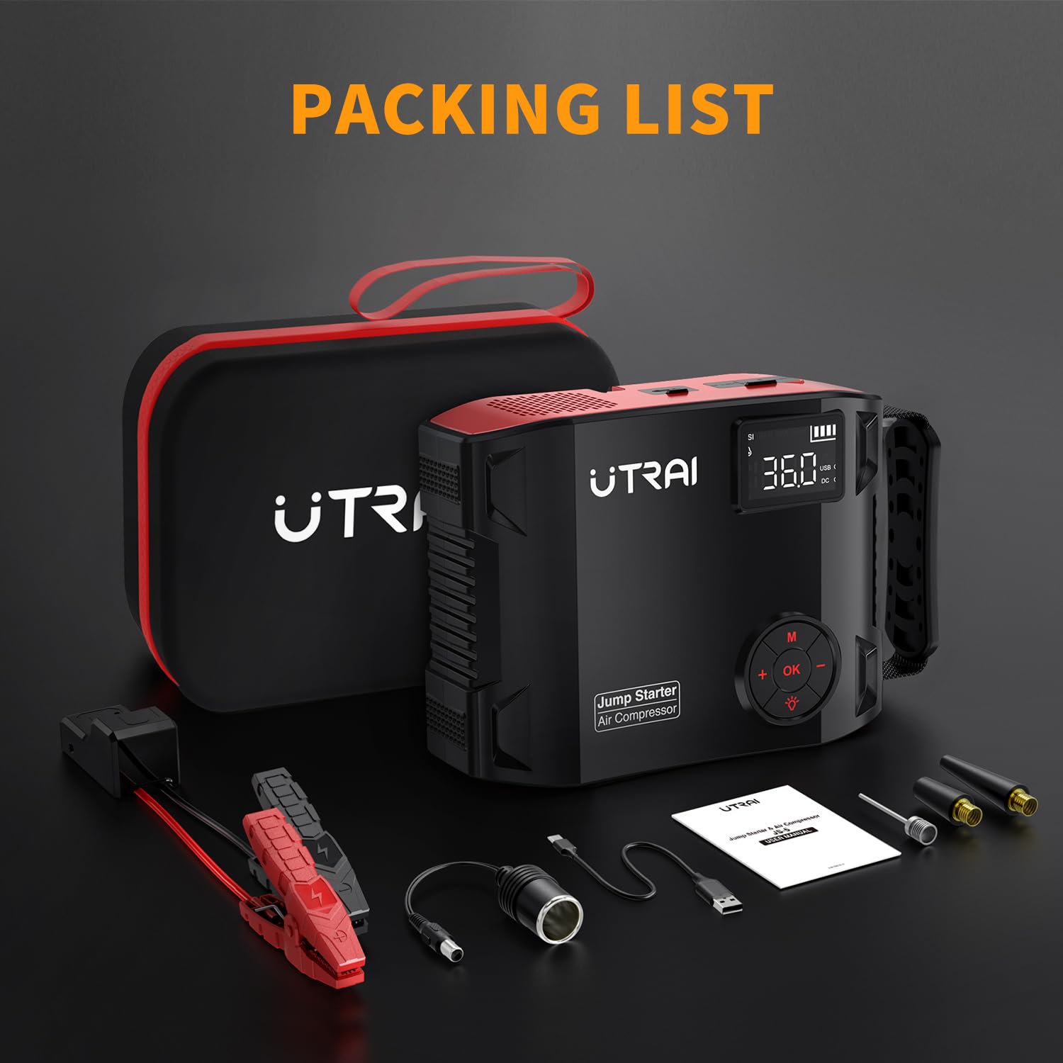 6000A Jump Starter Power Pack with 150PSI Air Compressor,UTRAI 27000mAh 12V Portable Emergency Car Battery Booster Jump Starter for All Gas/8L Diesel,DC160W,QC3.0,18W Fast Charging,LED Flashlight