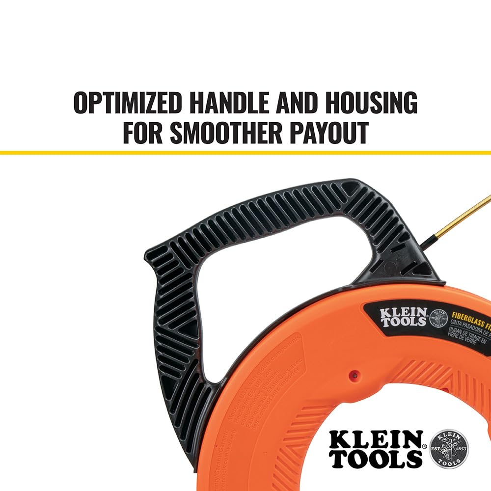KLEIN TOOLS 56382 Fish Tape, Multi-Groove Fiberglass Wire Puller with Nylon Tip, Optimized Housing and Handle,Orange/Black, 15 m