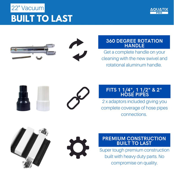 Aquatix Pro Pool Vacuum Head, 22" Extra Large Commercial Grade, 10 Weighted Plates, 2 x Hose Adapter, Aluminium Handle, Stainless Steel Balls,