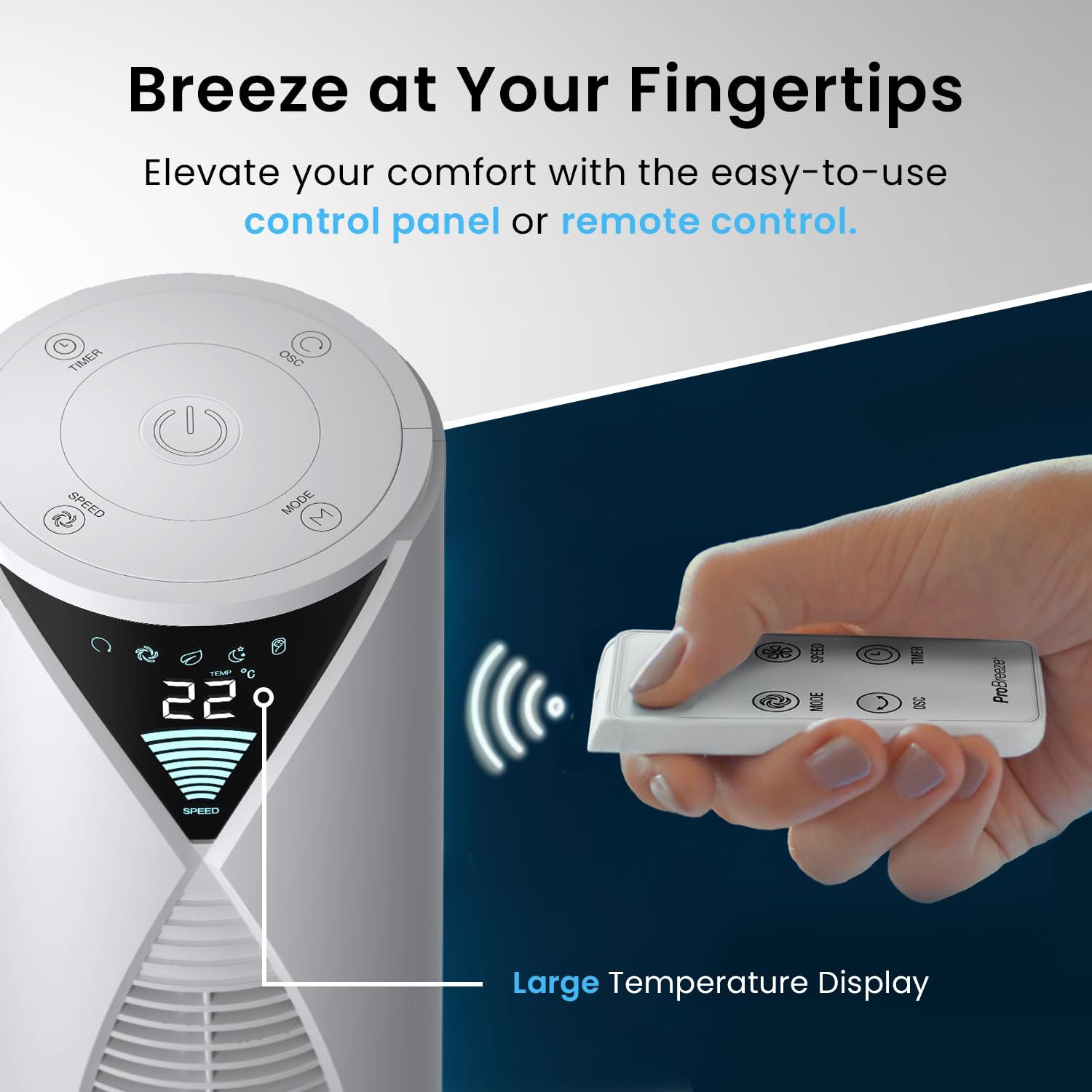 Pro Breeze Bladeless Tower Fan Quiet & Portable with Remote Control, 90° Oscillation, 15h Timer, 4 Modes, 3 Speeds - Powerful Electric 45W Motor Standing Air Circulator for Bedroom & Office