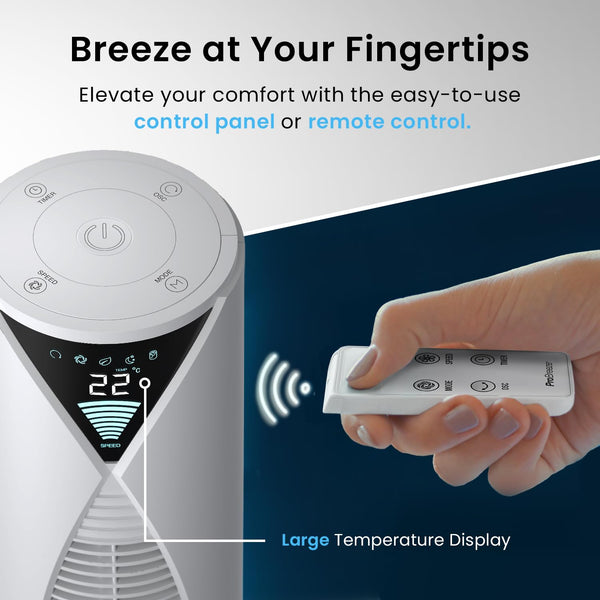 Pro Breeze Bladeless Tower Fan Quiet & Portable with Remote Control, 90° Oscillation, 15h Timer, 4 Modes, 3 Speeds - Powerful Electric 45W Motor Standing Air Circulator for Bedroom & Office