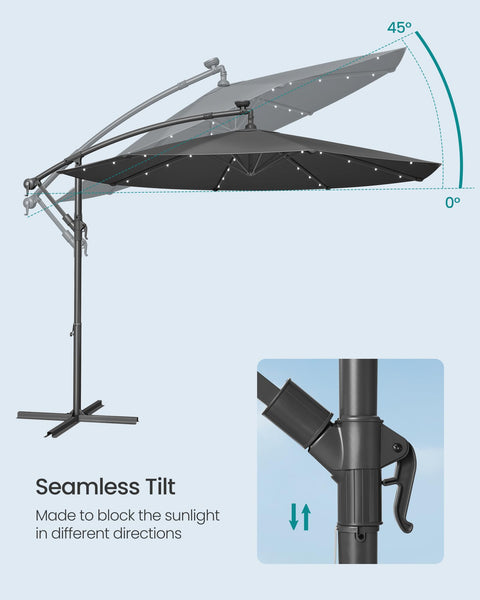 SONGMICS Cantilever Garden Parasol with Solar-Powered LED Lights, 3 m Banana Patio Umbrella with Base, Crank for Opening Closing, Sunshade with Protection UPF 50+, Beige GPU118M01