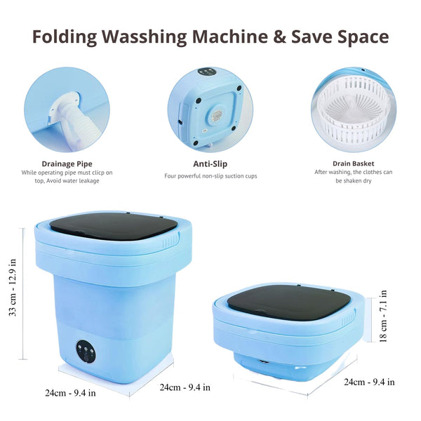 Portable Washing Machine, 11L Foldable Washer & Spin Dryer with Laundry Bag & Drying Net & Microfiber Cloths, Laundry Machine with 3 Cleaning Modes for Baby Clothes and Underwear (Blue)