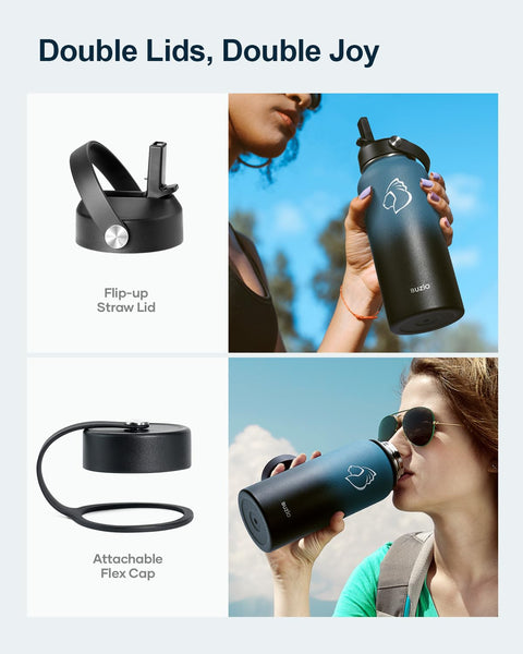 Stainless Steel Water Bottle 2L, BUZIO Vacuum Insulated Water Bottle with Straw Lid and Flex Cap Cold for 48 Hrs, Hot for 24 Hrs Double Wall Wide Mouth BPA Free Leak Proof, Black