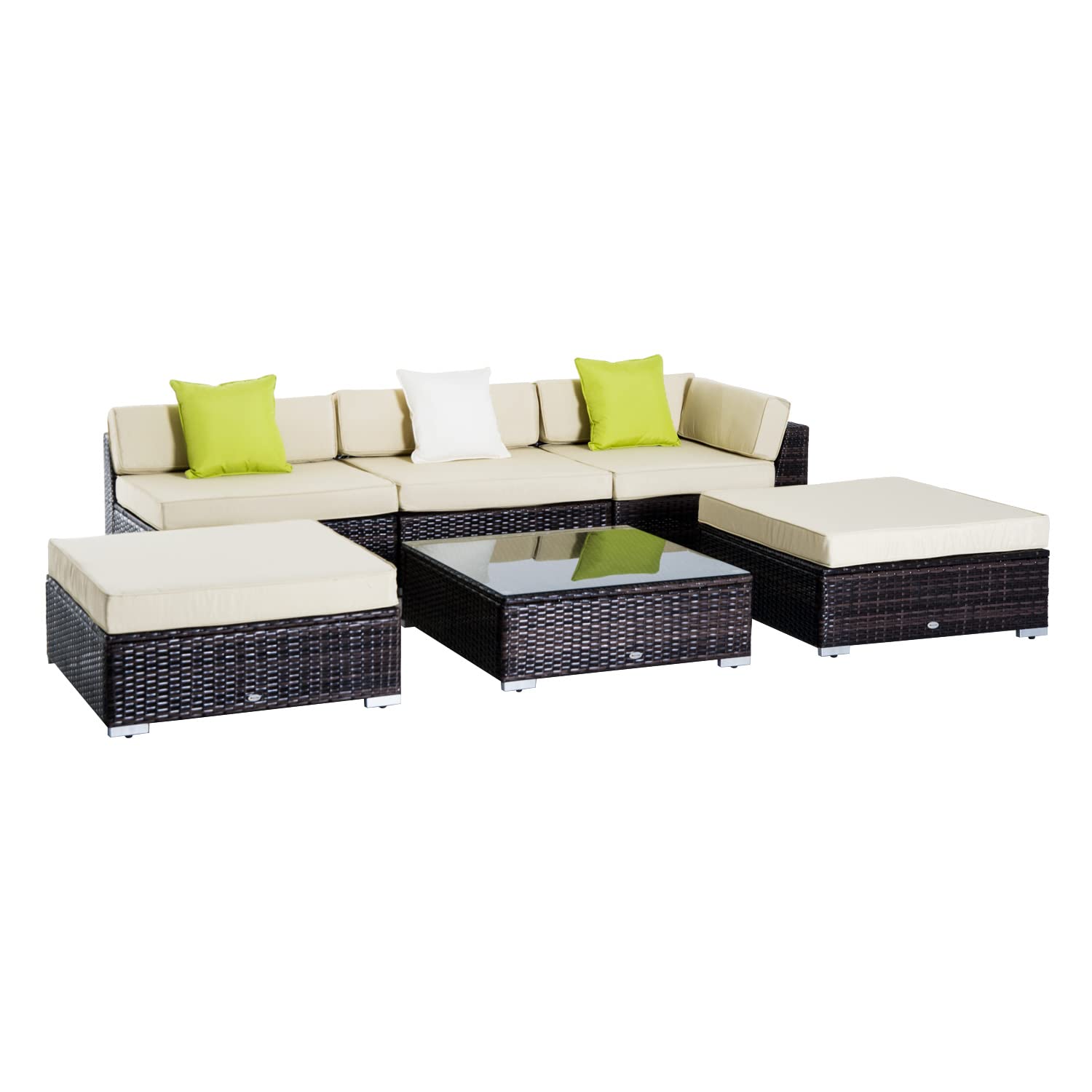 Outsunny 6 Pieces Rattan Garden Furniture Set, 5 Seater Garden Sofa Set with Thickened Cushions, Glass Top Coffee Table and Ottomans, Outdoor Sectional Conservatory Furniture with Pillows, Grey