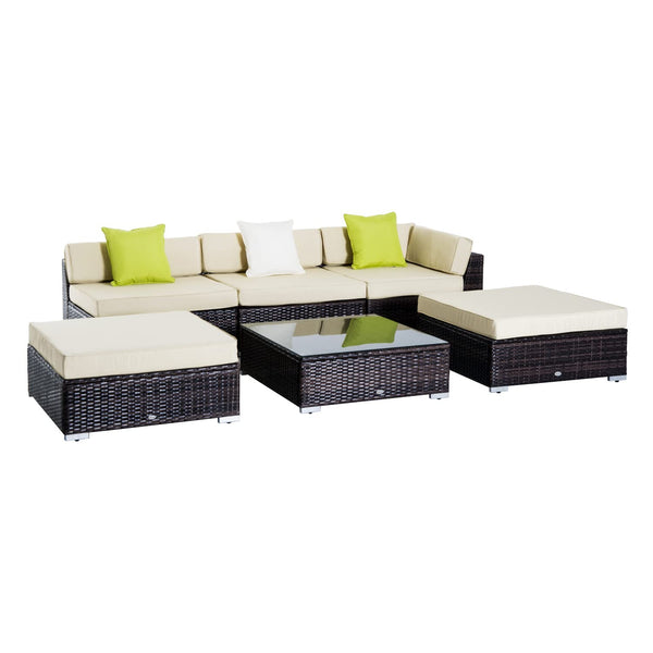 Outsunny 6 Pieces Rattan Garden Furniture Set, 5 Seater Garden Sofa Set with Thickened Cushions, Glass Top Coffee Table and Ottomans, Outdoor Sectional Conservatory Furniture with Pillows, Grey