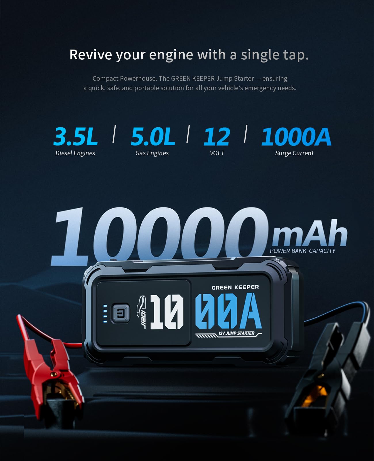 Jump Starter Power Pack Car Battery Starter 2000A 12V for 7.0L Gas & 6.5L Diesel with 12V/6A Output Extension Port, Portable Car Battery Booster 16000mAh Power Bank, High-Efficiency for All Weather