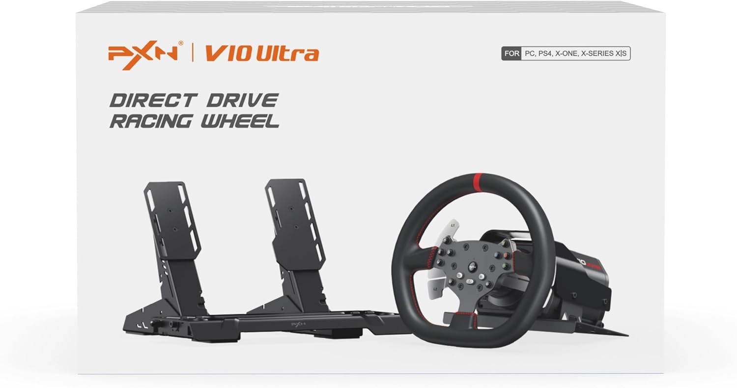 PXN V10 Ultra Direct Drive Gaming Steering Wheel with Pedals – 3.2Nm Force Feedback Servo Base, App Support, PD HM Throttle & Brake Pedals, 270mm Rim – Sim Racing Wheel for PC / PS4 / Xbox