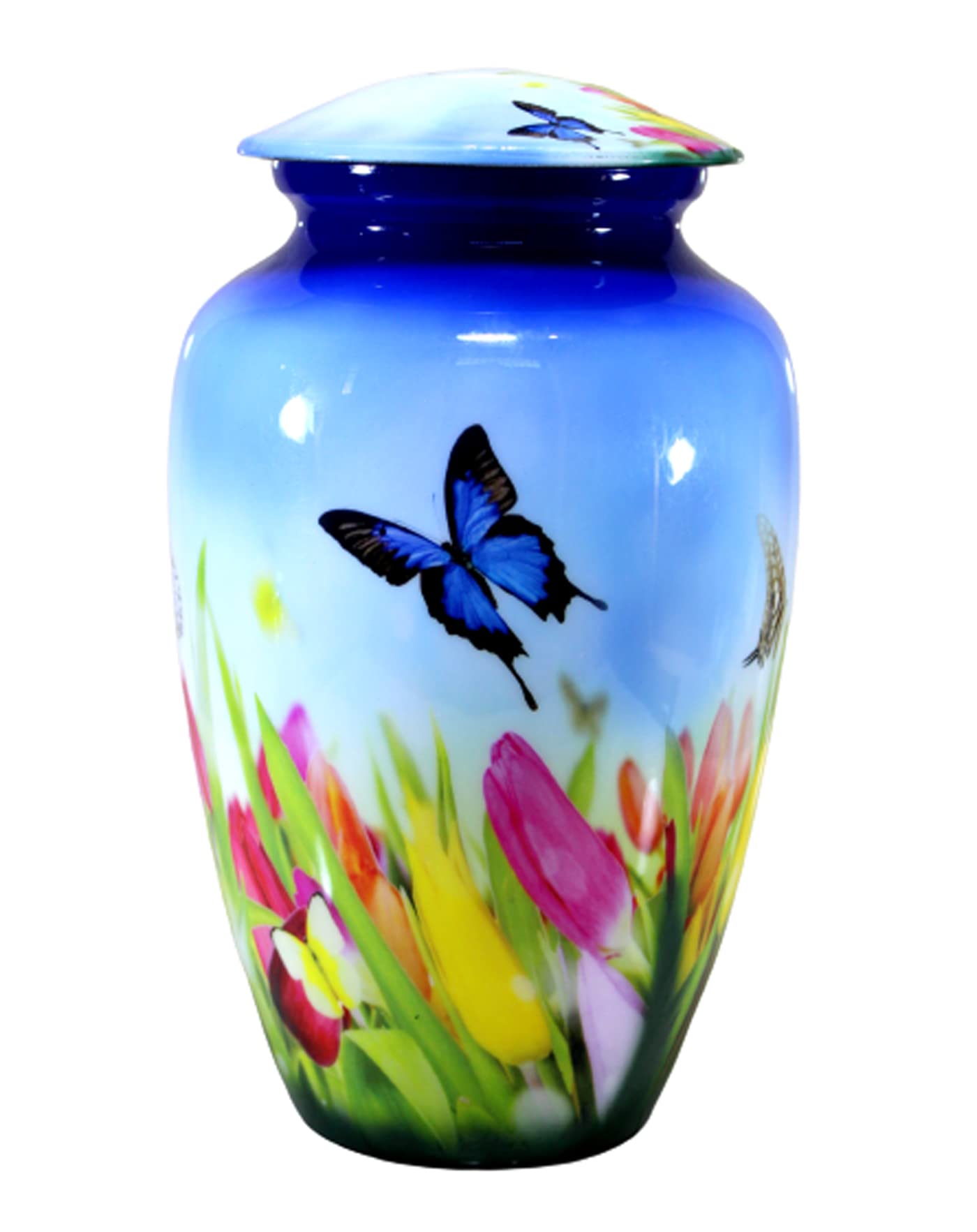 ESPLANADE Metal Cremation Urn Memorial Jar Pot Container | Full Size Urn for Funeral Ashes Burial | Butterfly with Flowers Print | Blue - 10" Inches