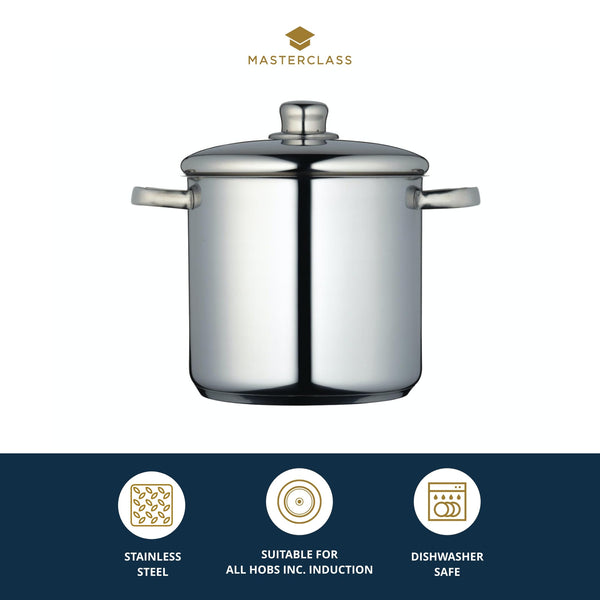 MasterClass Stock Pot With Lid 8.5L/24cm, Induction-Safe, Stainless Steel, Silver
