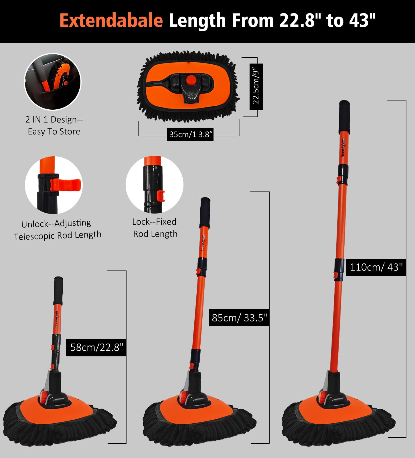 YeewayVeh Car Wash Brush, 43" Extendable Car Wash Brush Mop with Long Handle, 15 Degree Curved Soft Car Cleaning Brush kit with Extra Microfiber Brush Head for Truck SUV Cleaning, Orange