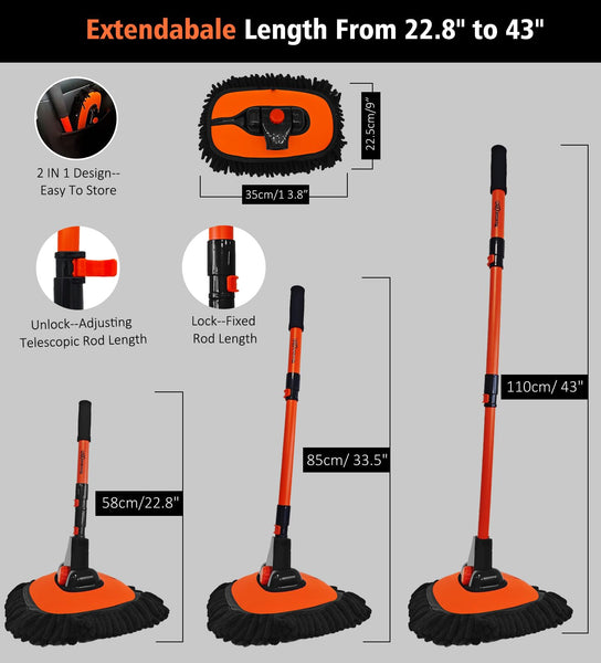 YeewayVeh Car Wash Brush, 43" Extendable Car Wash Brush Mop with Long Handle, 15 Degree Curved Soft Car Cleaning Brush kit with Extra Microfiber Brush Head for Truck SUV Cleaning, Orange
