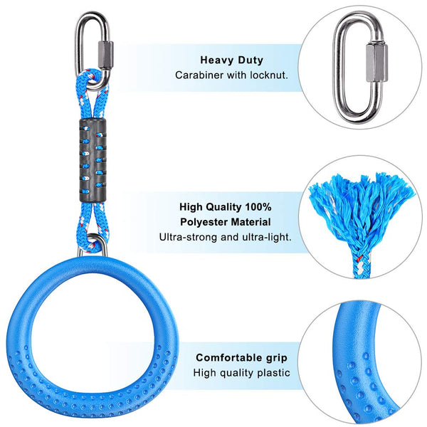 Dolibest Trapeze Ring, 4 Pack Swing Set Gym Ring Round Monkey Bar Handle Grip with 29cm Rope Carabiner for Outdoor Playground Obstacle Course Playset