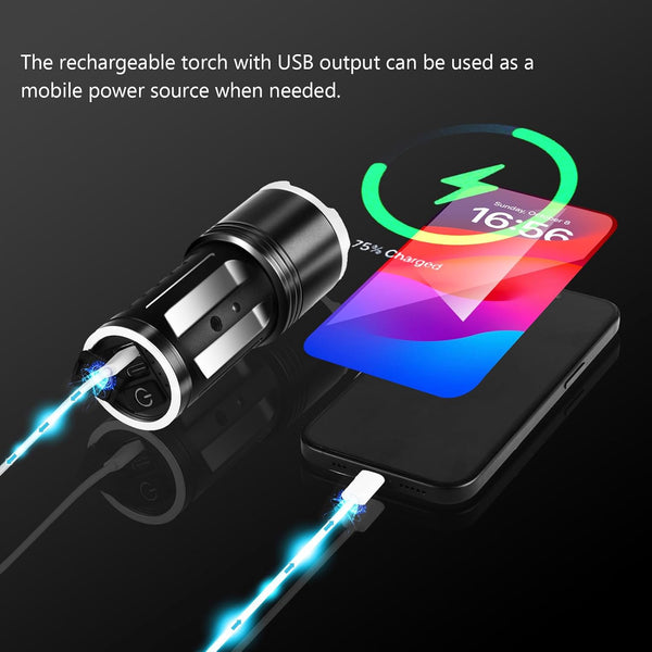 Jayxinli Torches LED Super Bright 1000000 Lumen Rechargeable, Powerful Torch 3 Light Modes and 10800 mAh Long-Lasting Battery, Zoomable, High Powered, Bright Torch for Camping & Home