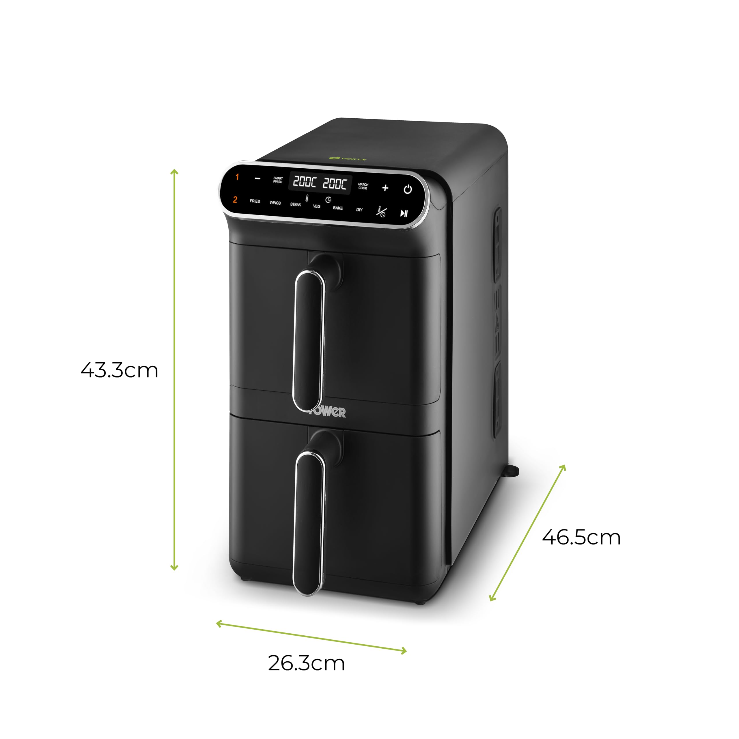 Tower T17190GRP Vortx XL Dual Stack Air Fryer with Digital Control Panel, Space Saving Design, 6 Preset Cooking Modes, Match Cook & Smart Finish Functions, 2460W, 11L, Graphite with Chrome Trim