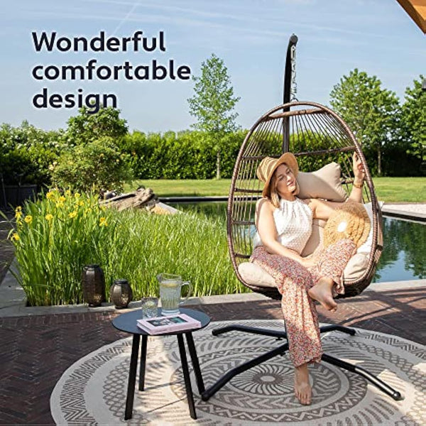 Vita5 Hanging Egg Chair Indoor&Outdoor - Swing Chair with Frame Polyrattan with Cushion - Hanging Chair Outdoor and Indoor - Foldable Hammock Chair - Maximum Load 150kg - Beige
