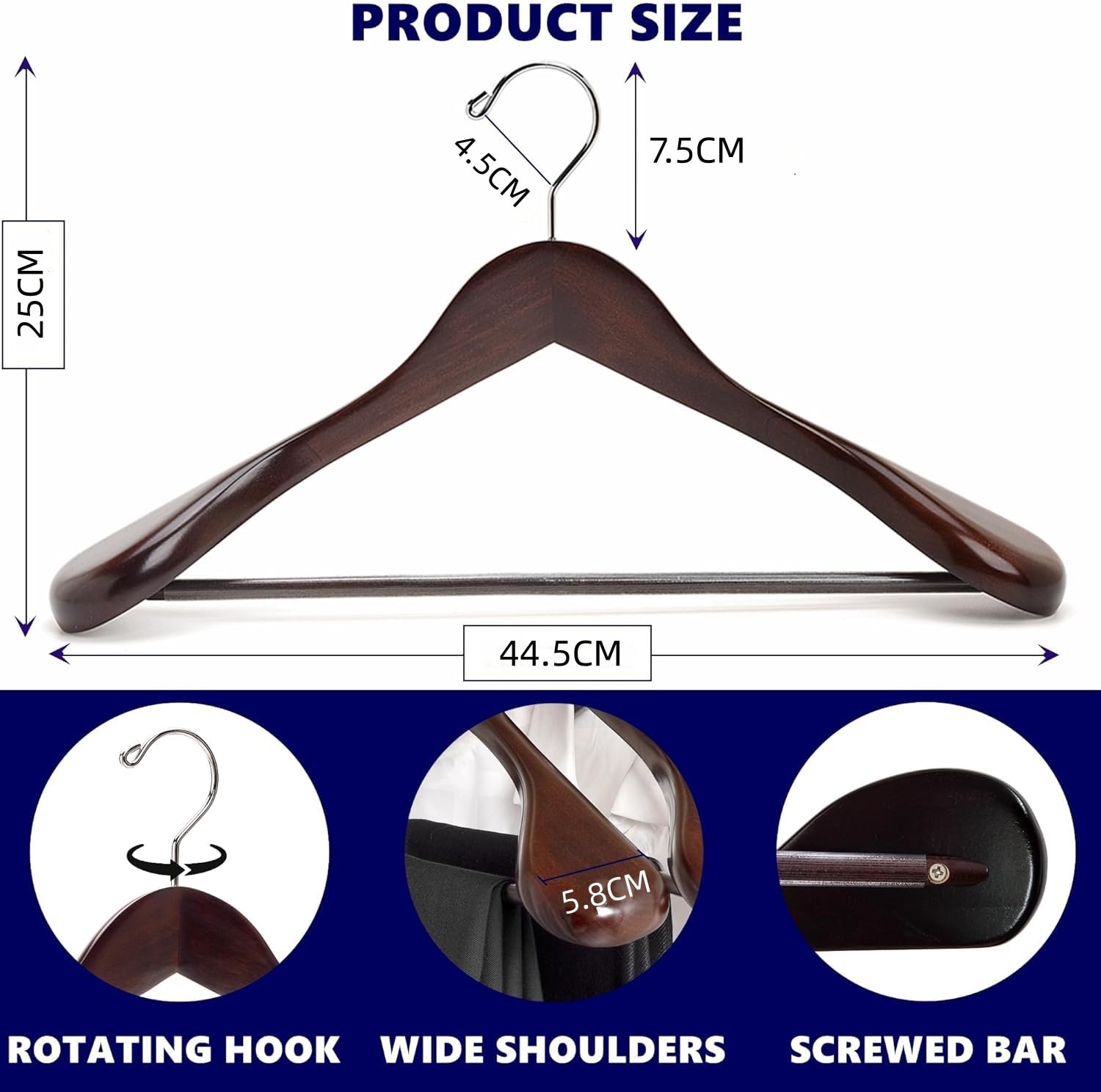 Amber Home 44.5cm Retro Wooden Suit Hangers 10pcs with Wide Shoulder(5.8cm), Heavy Duty Antique Wood Coat Hanger with Non Slip Pants Bar, Walnut Brown