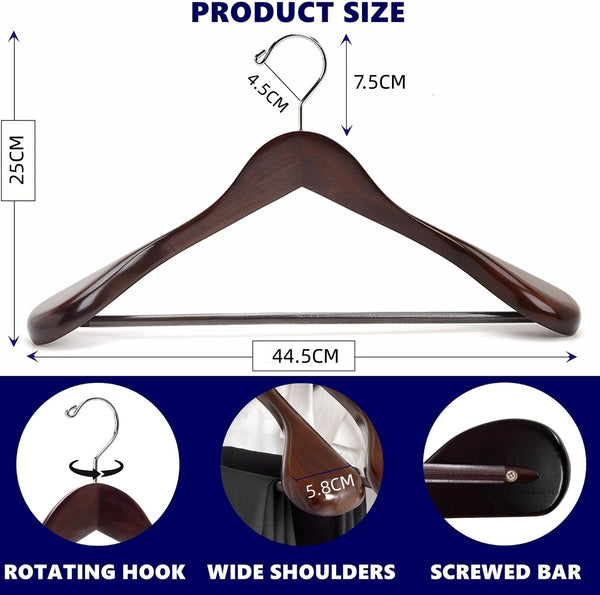 Amber Home 44.5cm Retro Wooden Suit Hangers 10pcs with Wide Shoulder(5.8cm), Heavy Duty Antique Wood Coat Hanger with Non Slip Pants Bar, Walnut Brown