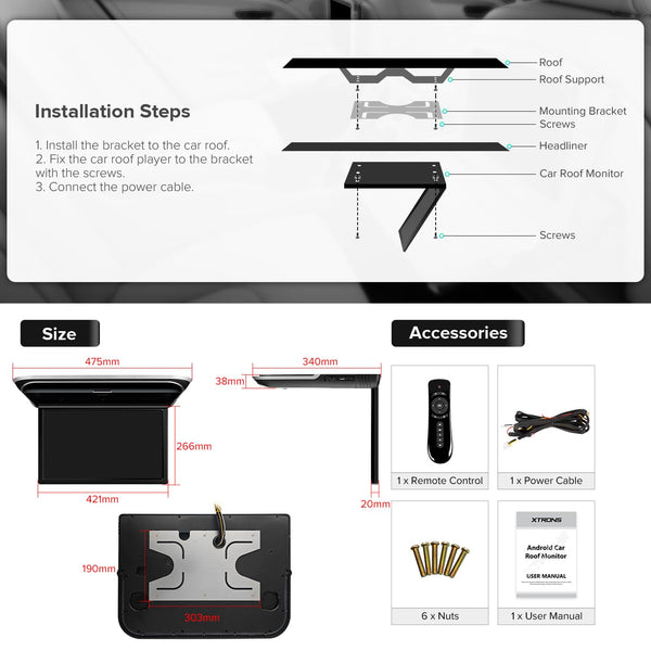 XTRONS 17.3-inch FHD Android 9.0 Car Overhead Flip Down Mount Monitor 8K 1080P IPS Screen Octa-core Car Roof Multimedia Player Car Video With Superior Sound and Screen Mirroring Support HDMI/USB/AV/IR