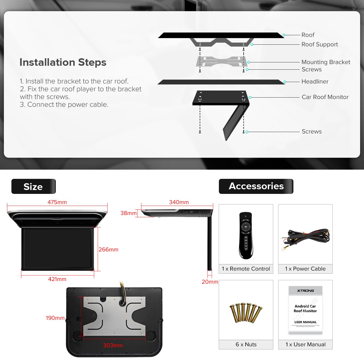 XTRONS 17.3-inch FHD Android 9.0 Car Overhead Flip Down Mount Monitor 8K 1080P IPS Screen Octa-core Car Roof Multimedia Player Car Video With Superior Sound and Screen Mirroring Support HDMI/USB/AV/IR