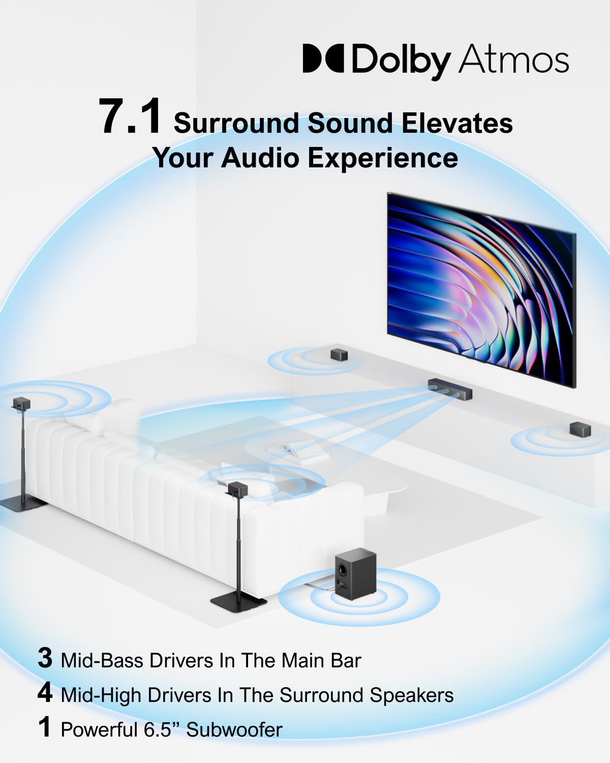 ULTIMEA 7.1Ch Soundbar with Dolby Atmos, APP Control, Surround Sound System for TV, 4 Wired Surround Speakers, Sound Bar with 6.5" Wireless Subwoofer, Soundbar for TV, Poseidon D80