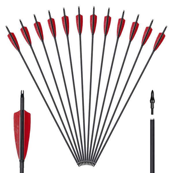 Huntingdoor 12Pcs 30 inch Archery Carbon Arrows Spine 550 Hunting Targeting Arrows with Replaceable Broadhead for Recurve Bow Compound Bow Target