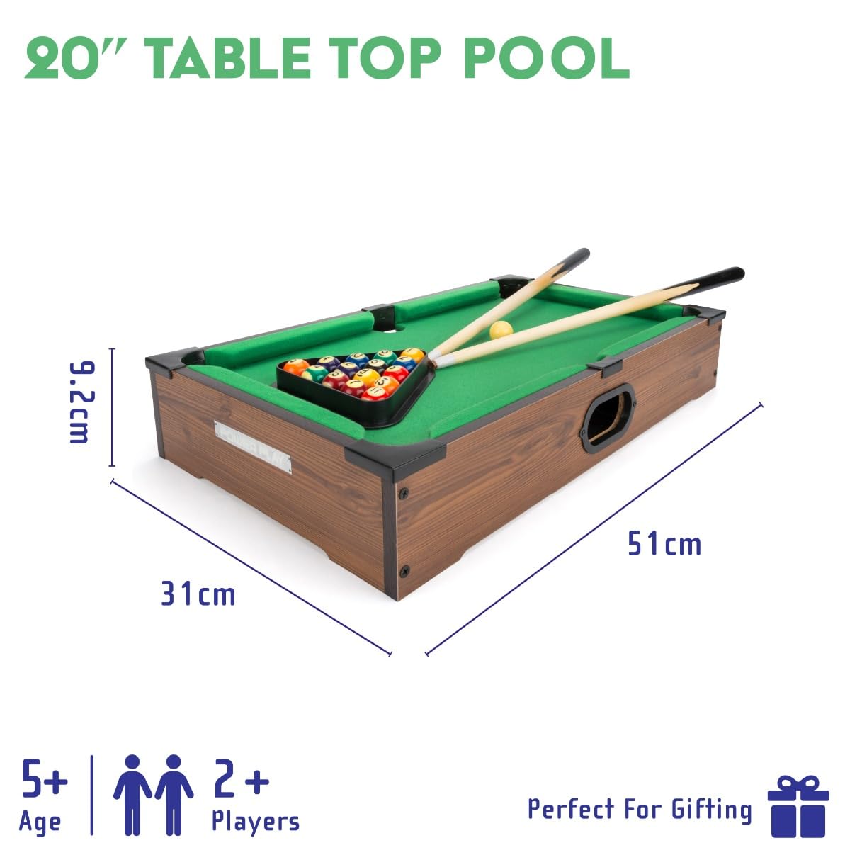 Power Play | Pool Table Game, Portable Wooden Classic Games Table, Indoor Outdoor Game for Kids and Adults, Brown 25inch