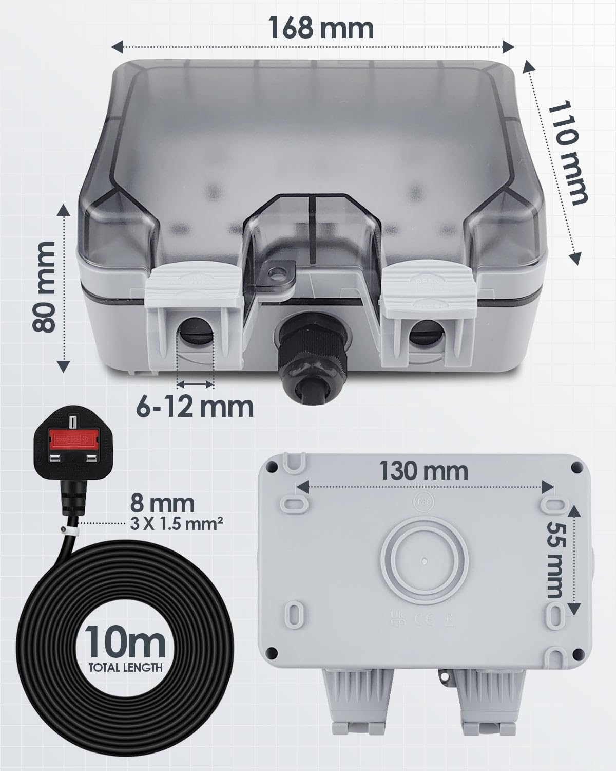 Zenmos Double Outdoor Socket 3M Extension Lead, Outdoor Plug Sockets Waterproof IP66, 13Amp 2 Gang Outside Plug Socket Waterproof, Switch Indicator Light Garden Wall Electrical Outlet Cover Box