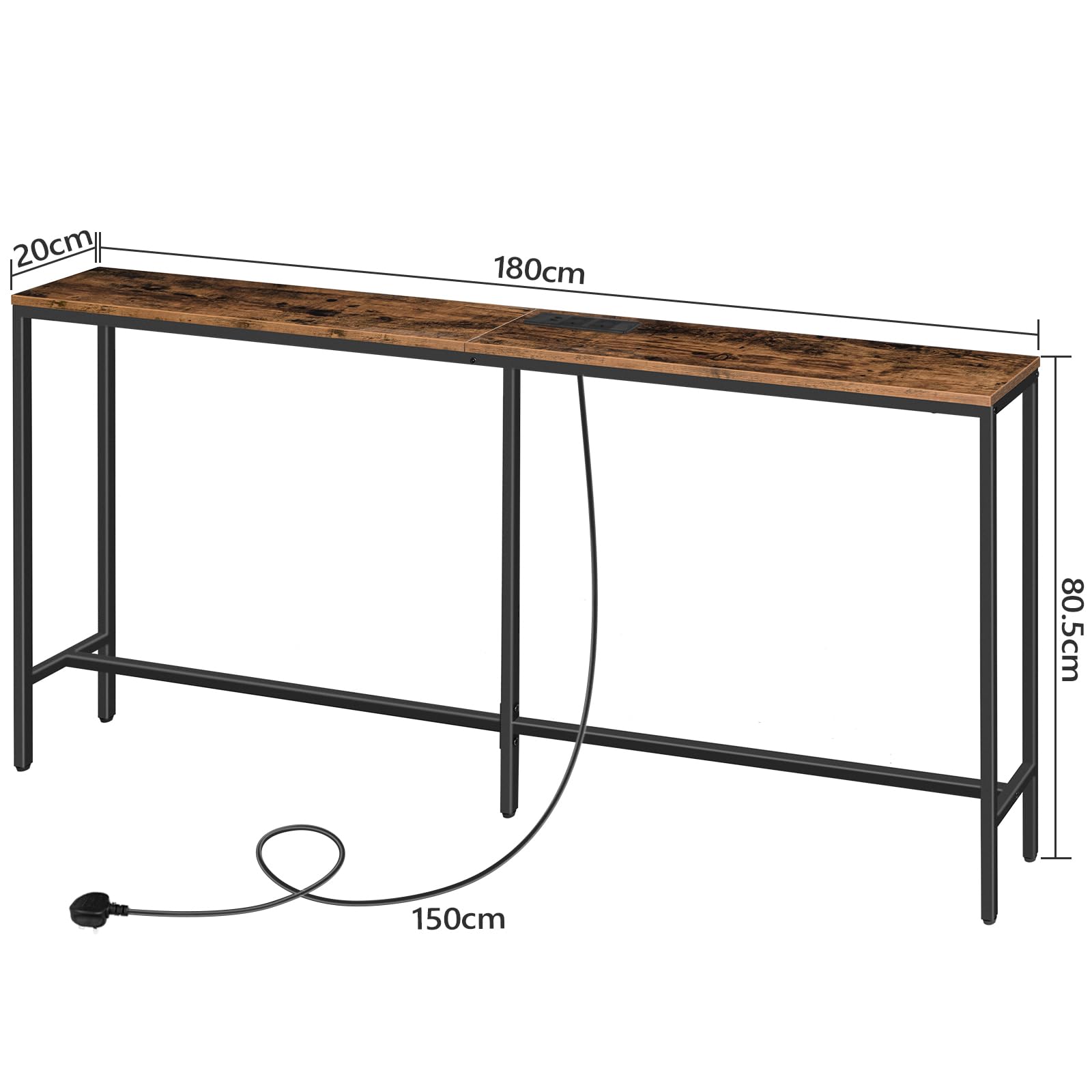 MAHANCRIS Console Table with Power Outlet, 180 CM Narrow Sofa Table, Industrial Entryway Table with USB Ports, Behind Couch Table for Entryway,