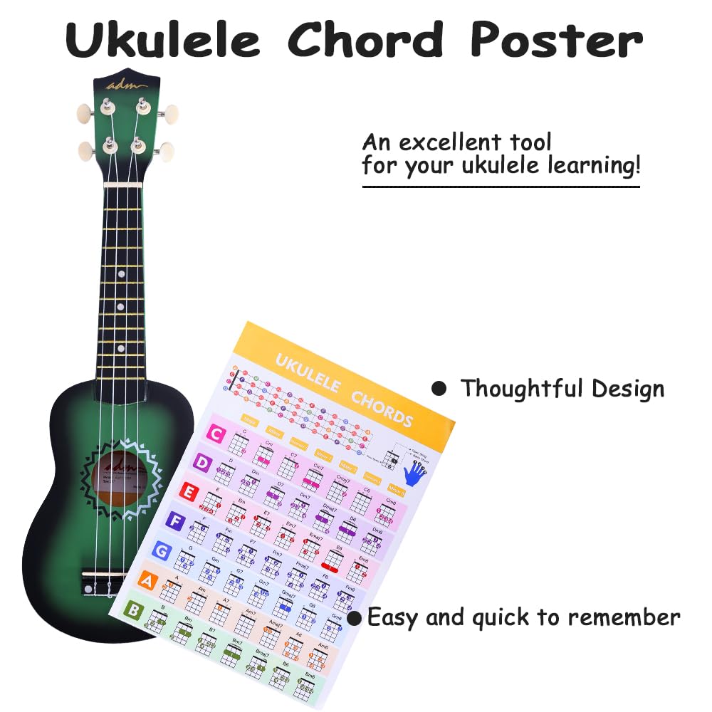 ADM Soprano Ukulele Set for Kids and Beginners, Ukulele Starter Kit with Bag, Clip-On Tuner, Rainbow Strings, Colourful Strap, Plectrum, Fingerboard Sticker, Chord Card (Dark Blue)