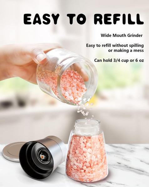 Salt and Pepper Grinder Set, Adjustable Coarseness Salt Shakers, Premium Ceramic Glass Body Salt and Pepper Mills [Without Spice Content]