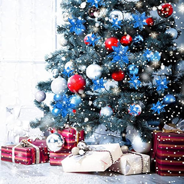 24 Pieces Christmas Glitter Artificial Poinsettia Flowers Christmas Flowers Decorations Wedding Xmas Tree New Year Ornaments (Blue)