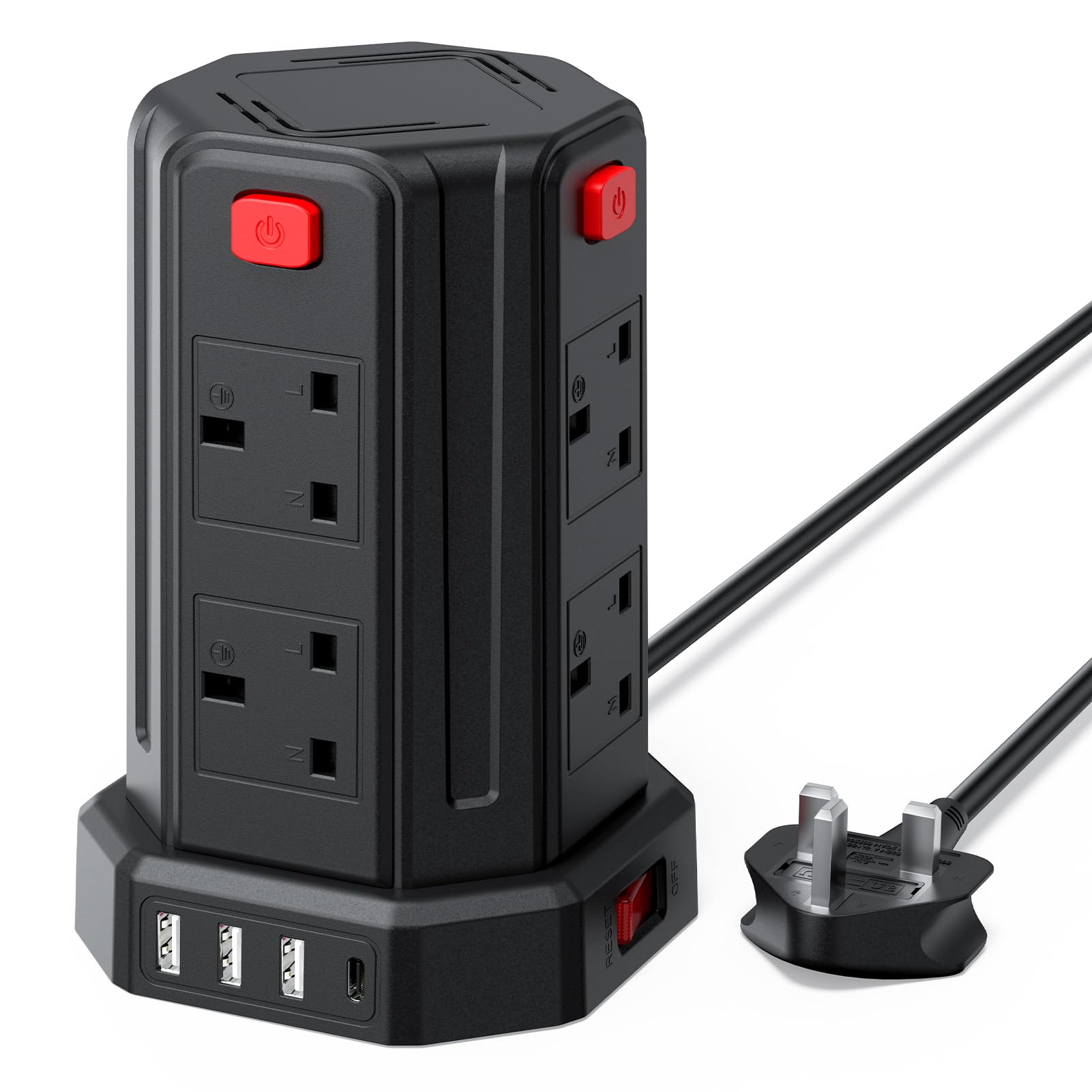 Tower Extension Lead, (3250W 13A) Extension Tower 8 AC Outlets & 4 USB Ports, Surge Protection Extension Lead with 4 Independent Switch, 17W USB C Ports Extension Cable 3M for Office, Home, Kitchen