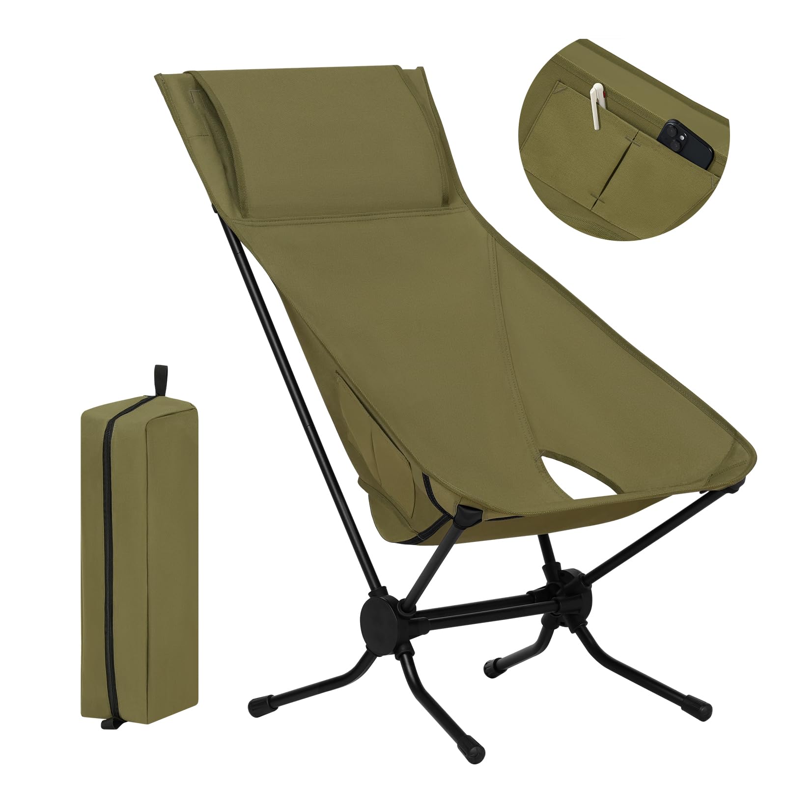 WOLTU Folding Camping Chair, Ultra Lightweight Alu Outdoor Chair, High Back, Portable Chair with Carrying Bag for Fishing, Picnic, Hiking, Heavy Duty 150kg Capacity, Black