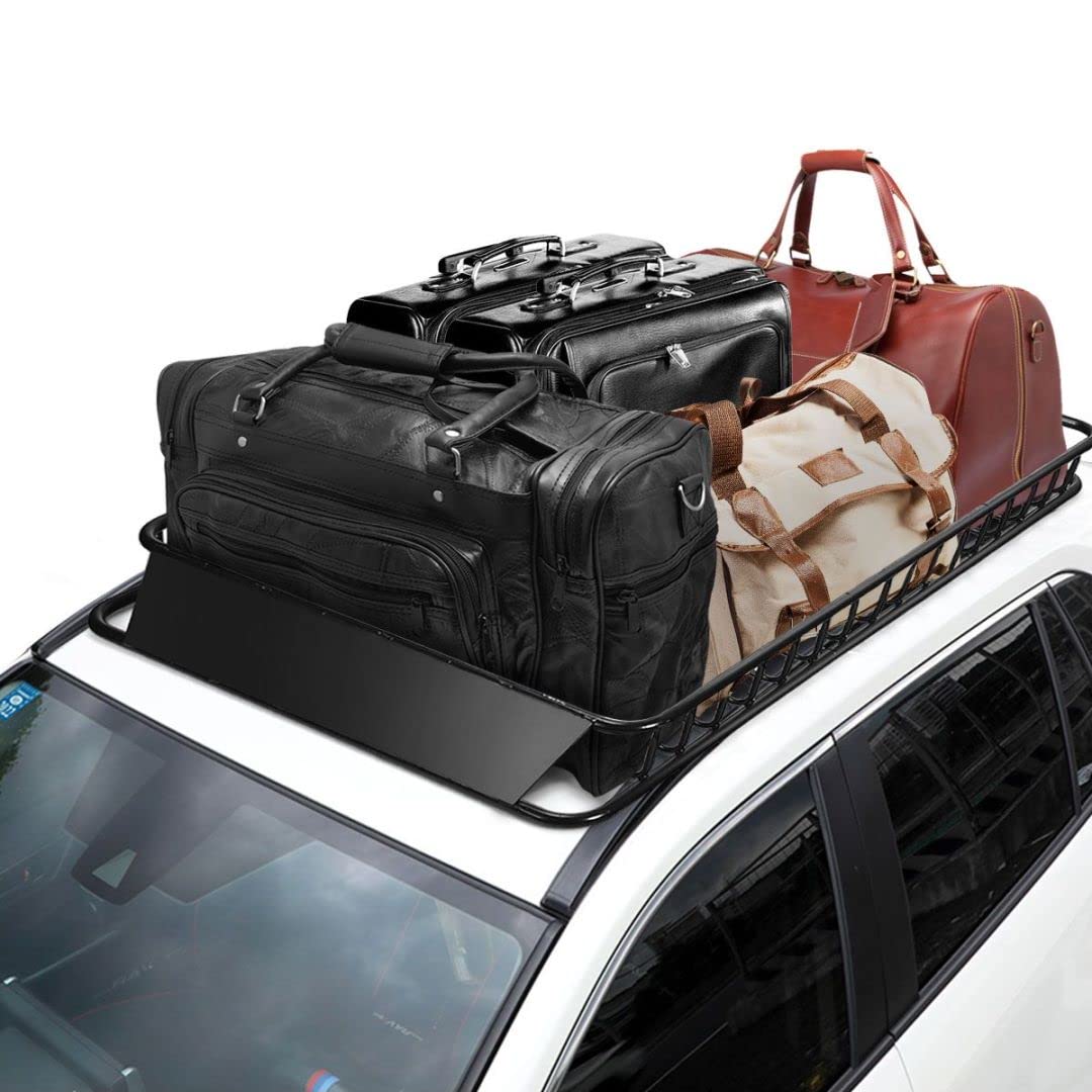 Roof Rack Basket Tray, Steel Luggage Cargo Carrier with Bars & Wind Fairing, Rooftop Luggage Holder for Car SUV Truck Jeep (116-162x99x15cm, 113kg Capacity)