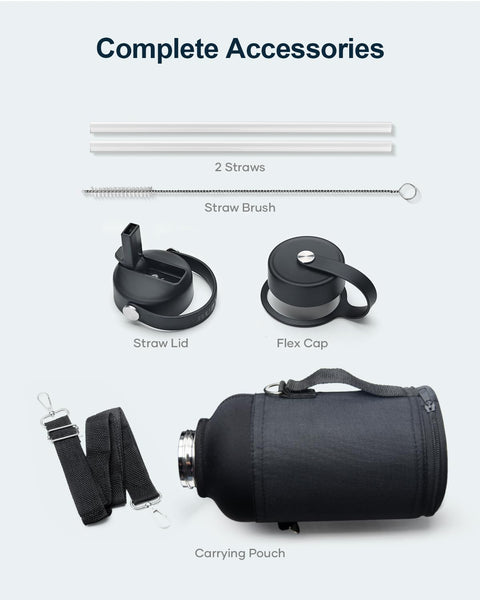 Stainless Steel Water Bottle 2L, BUZIO Vacuum Insulated Water Bottle with Straw Lid and Flex Cap Cold for 48 Hrs, Hot for 24 Hrs Double Wall Wide Mouth BPA Free Leak Proof, Black