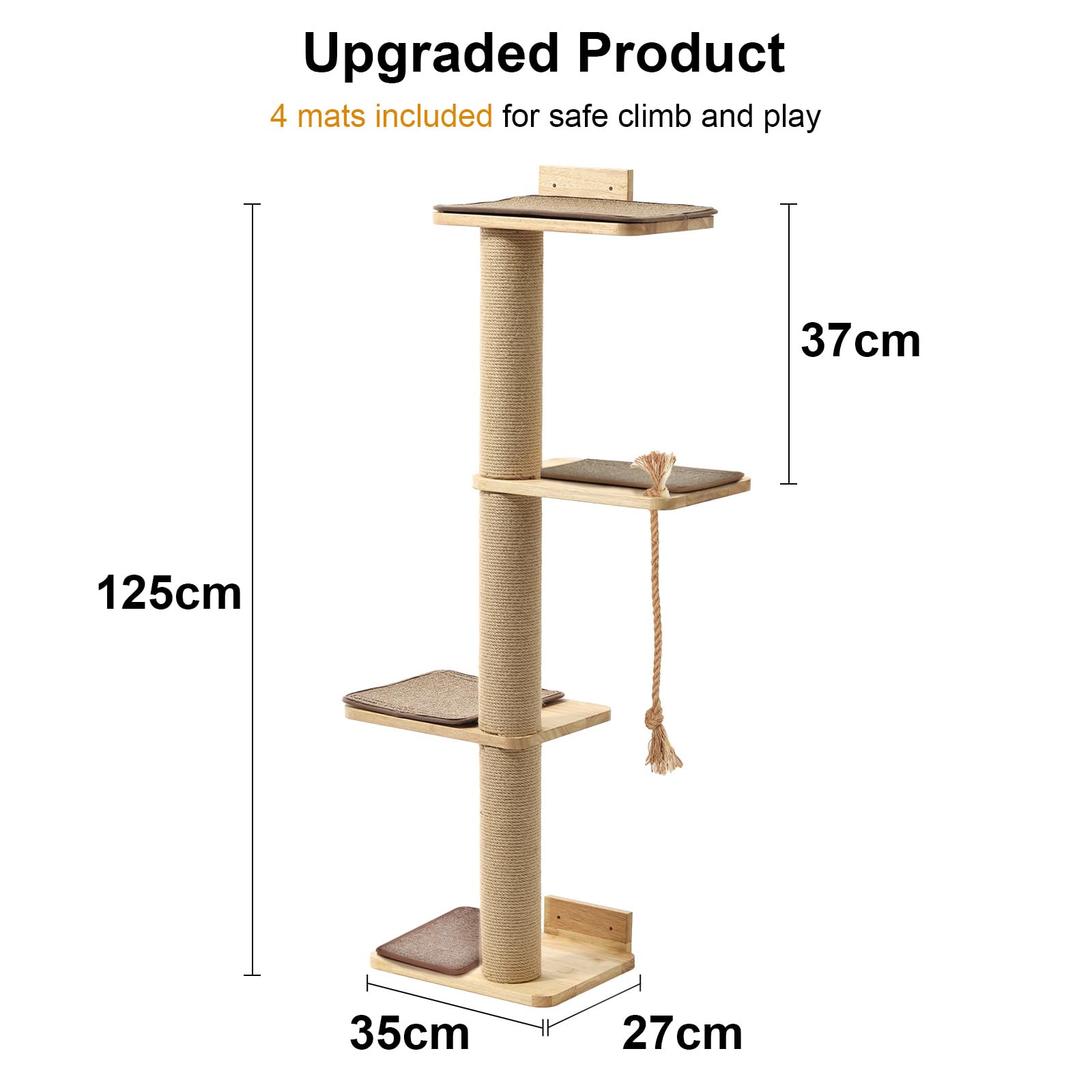 FUKUMARU Cat Scratching Activity Tree Wall Mounted, 125 cm Jute Scratch Post for Large Cats, Kittens with Platform, Rubber Wood, Large
