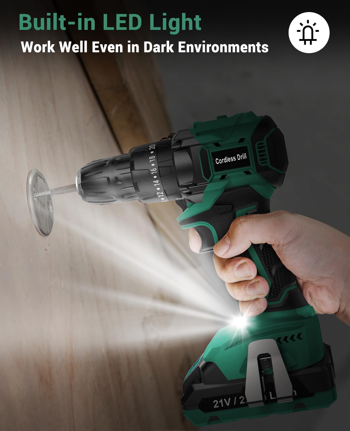 JYGMPRO Cordless Drill Driver 21V, Hammer Drill with 2 Batteries 2000mAh, 25+3 Torque, 42N.m Max Electric Drill, 30PCS Drill Bits, 2 Speed, LED Light for Home and Garden DIY Project