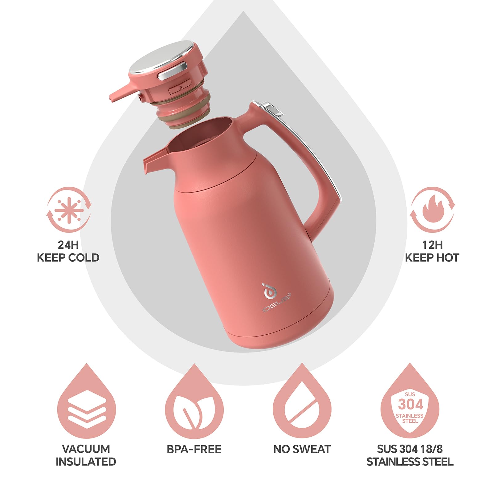 IDEUS Vacuum Insulated Coffee Carafe, 68 oz (2 Liters) Stainless Steel Milk Jug Thermal Tea Pot Hot & Cold Water Beverage Dispenser (Red)