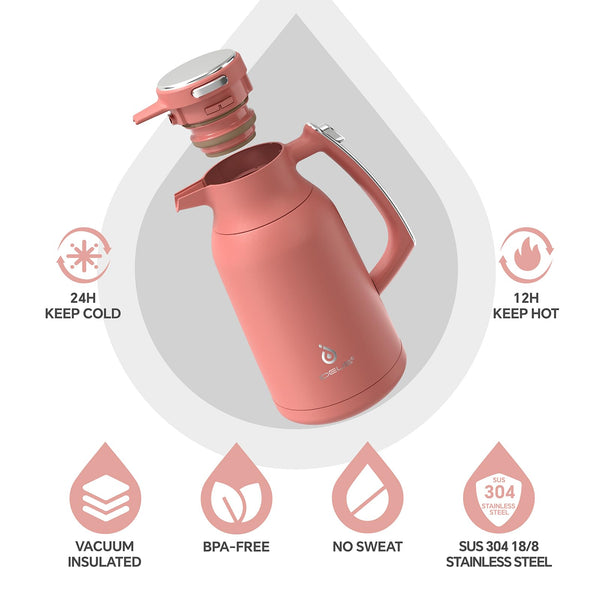 IDEUS Vacuum Insulated Coffee Carafe, 68 oz (2 Liters) Stainless Steel Milk Jug Thermal Tea Pot Hot & Cold Water Beverage Dispenser (Red)