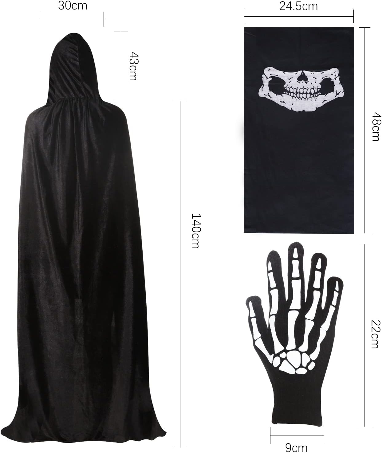 BILLMOSS Halloween Grim Reaper Costume - Hooded Cloak Velvet Black Cloak with Scythe Skull Mask Skeleton Gloves Grim Reaper Party Costumes for Kids