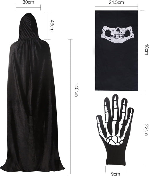BILLMOSS Halloween Grim Reaper Costume - Hooded Cloak Velvet Black Cloak with Scythe Skull Mask Skeleton Gloves Grim Reaper Party Costumes for Kids