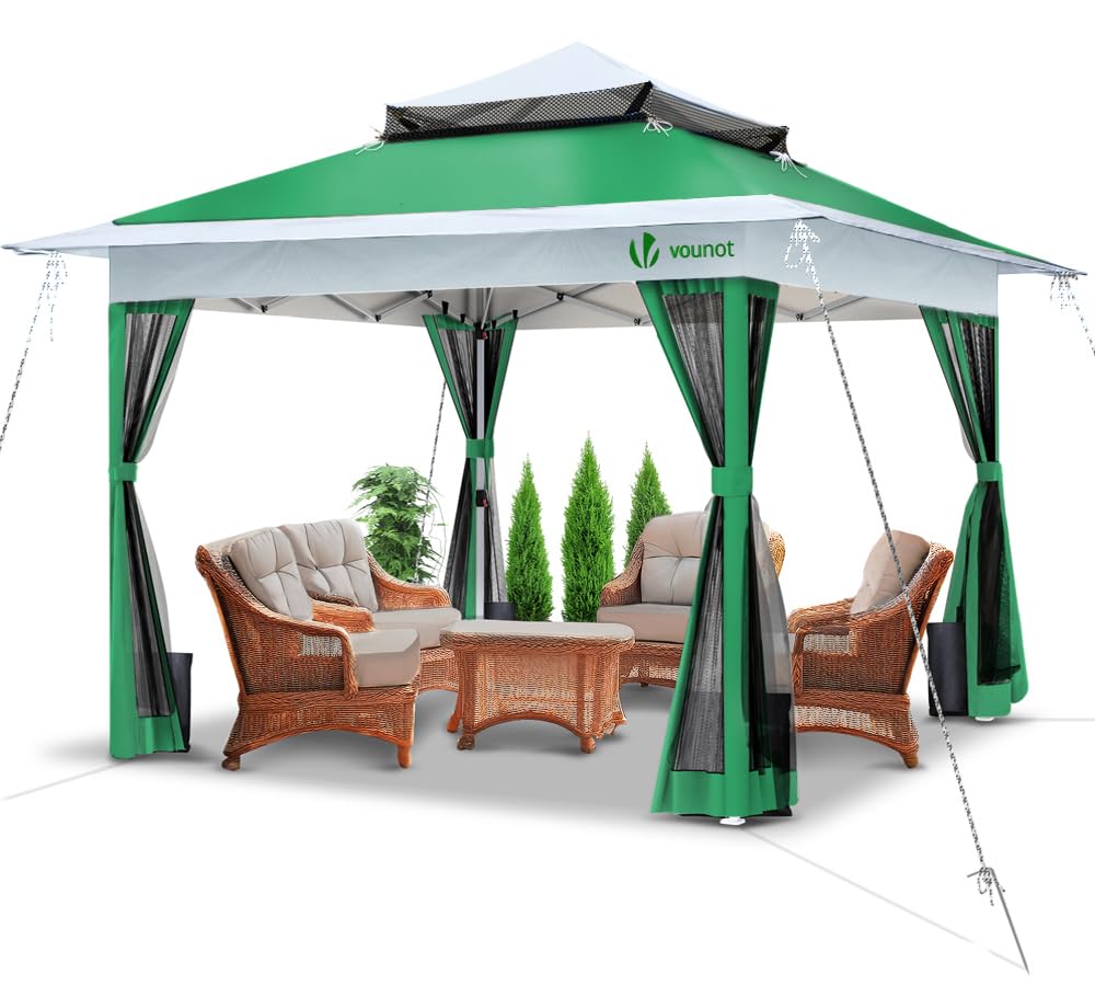 VOUNOT® 3.6m x 3.6m Pop Up Gazebo with Mesh Sides, Garden Double Roof Marquee Party Tent with Leg Weights & Roller Bag, Grey