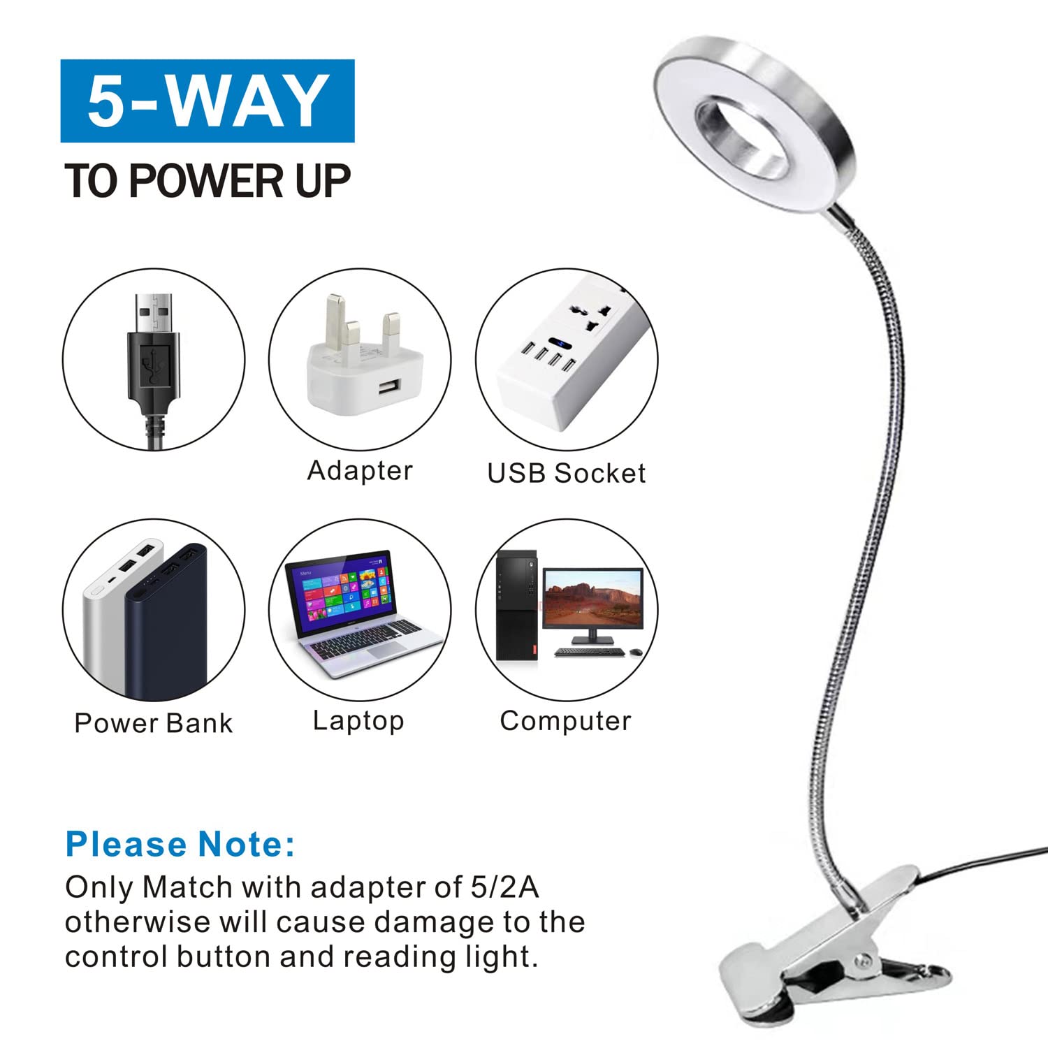 KNAMKY USB LED Desk Lamp Clip On Light, 3 Light Mode 10 Dimmable Brightness Eye Caring Book Adjustable for Reading Studying Working Video Conference Lighting (Black)