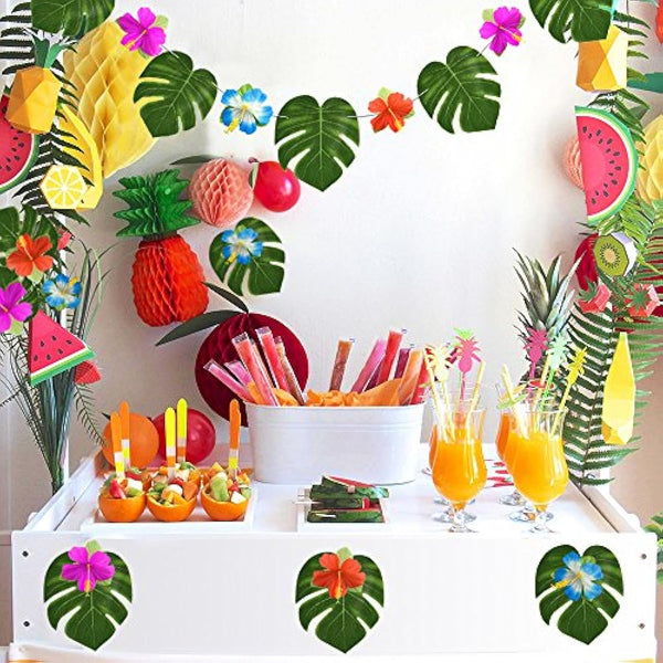 KUUQA 60 Pcs Tropical Party Decoration Supplies 8" Tropical Palmtera Leaves and Hibiscus Flowers, Simulation Leaf for Hawaiian Luau Party Jungle Beach Theme Table Decorations